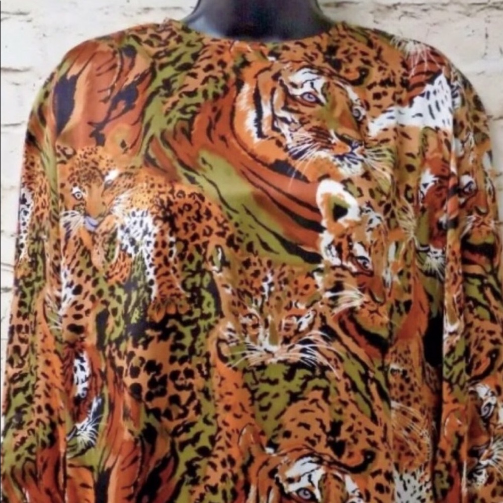 New Jerri Sherman Animal Tiger Print 100% Silk Blouse
